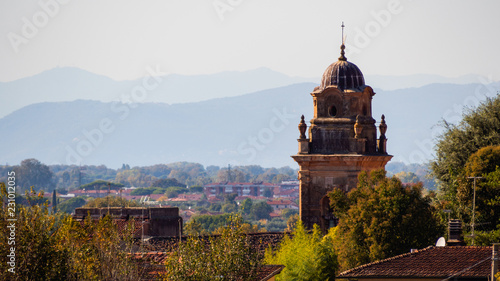 Bell tower of the church of St. Augustine in the main square of Pietrasanta