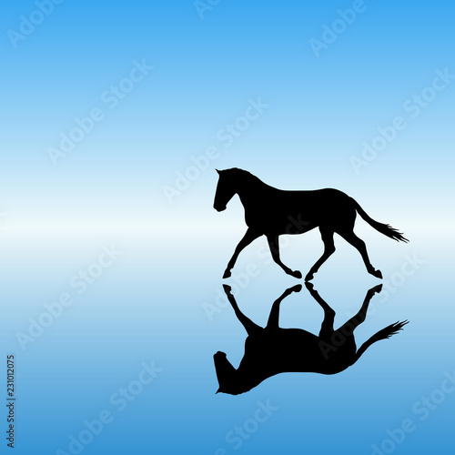 Running horse in park. Vector illustration with silhouette of beautiful running animal reflected in water. Blue pastel background