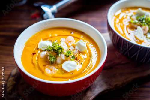 Sweet Potato Soup with Carrot, Pumpkin, Shrimps, Feta Cheese, Parsley and Red Pepper