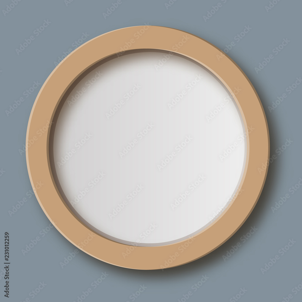 Realistic round frame. Isolated on grey background. Wood, plastic. Space for the image or lettering. Vector illustration. Realistic round frame. Isolated on grey background. Wood, plastic. Space for the image or lettering. Vector illustration.