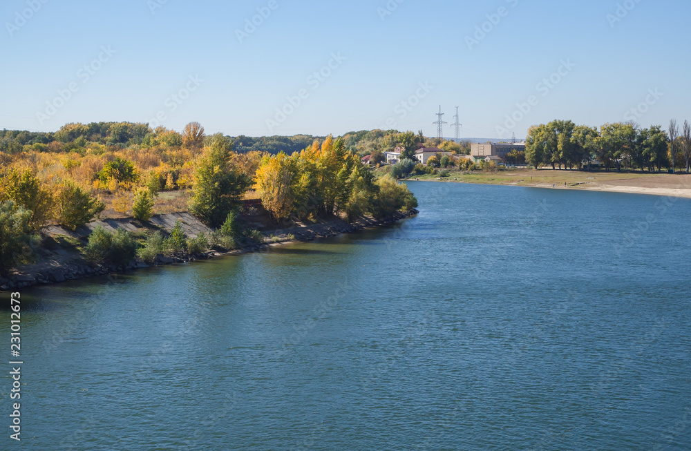 Landscape with a large river. The Dniester river in the fall.
