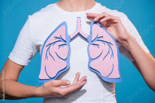 partial view of woman in white tshirt with paper crafted lungs on blue backdrop photo
