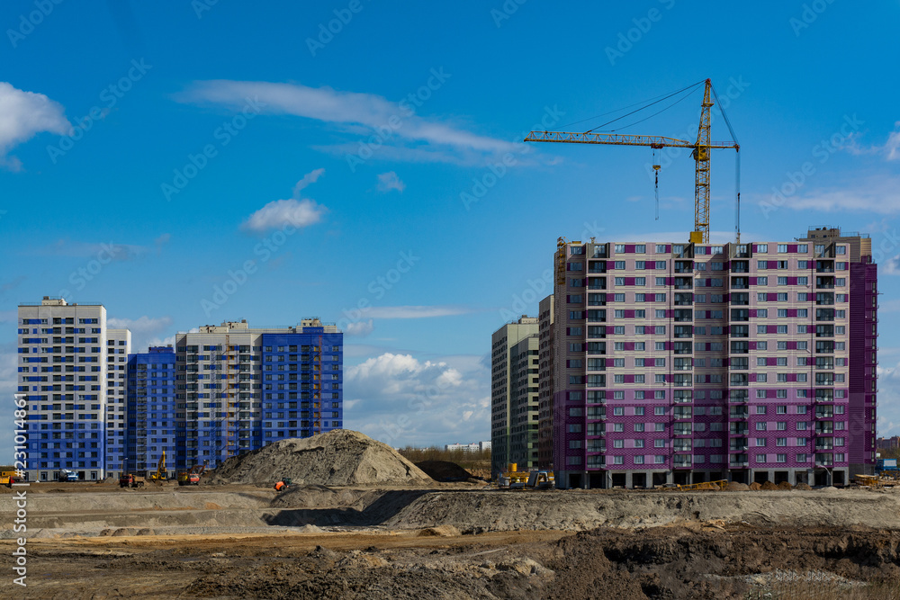 Fototapeta premium construction of apartment buildings of lilac and blue flowers