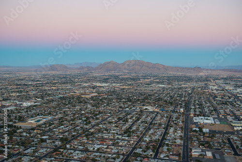 Las Vegas aerial view at sunset in Las Vegas, Nevada, USA.