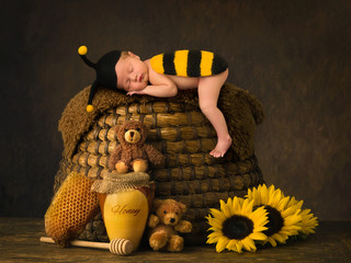 Baby in bee outfit sleeping on a beehive