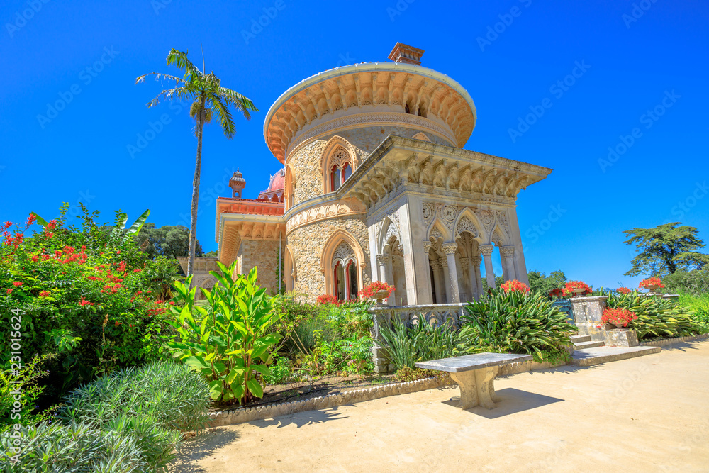 Sintra, Portugal - August 8, 2017: famous landmark of European travel in a sunny beautiful day. Arabesque building, a summer resort of Portuguese court.