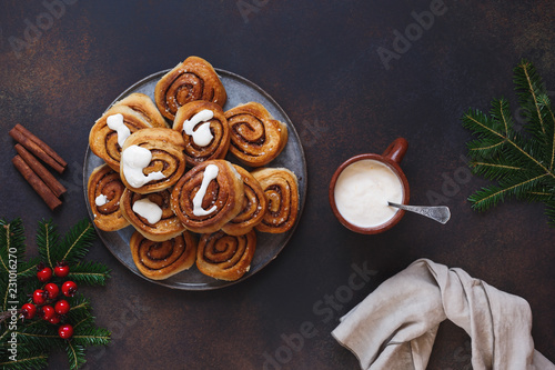 Wallpaper Mural Vegan cardamom and cinnamon buns on festive table. Top view, blank space Torontodigital.ca