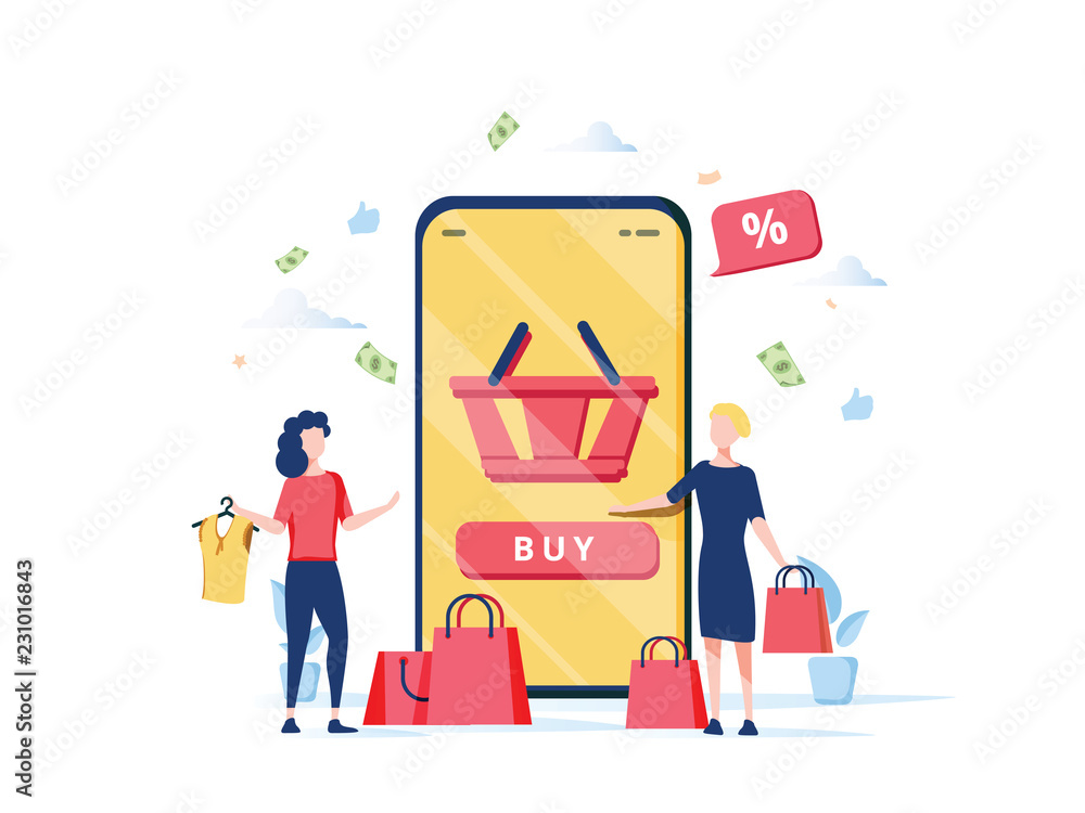 Online Shopping Concept with Characters. Mobile E-commerce Store with Flat People Buying Products with Smartphone Online Shopping Concept with Characters. Mobile E-commerce Store with Flat People Buying Products with Smartphone