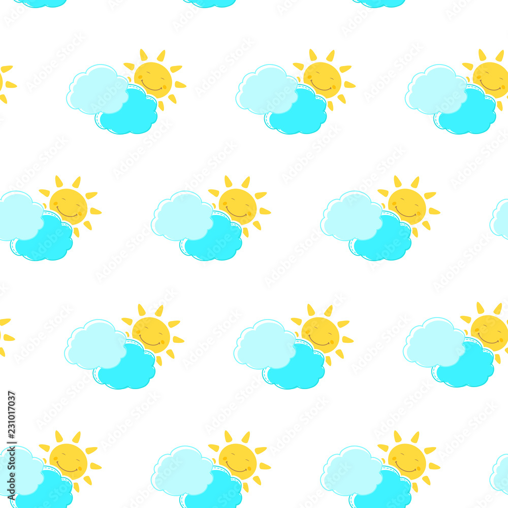 Vector seamless pattern with clouds and sun. Can be used for baby shop, store, market, kids centre, kindergarten. Background for banner, decoration, wallpaper, wrapping paper. EPS10.