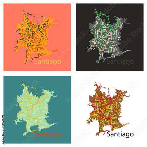 Set of Flat Road and administrative map of agglomeration Santiago, Chile