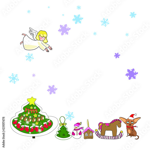 Set of New Year and Christmas drawings in vector, decoration, Christmas decorations, angels, sweets