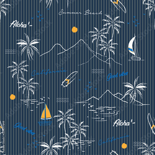 Island seamless pattern in the summer mood with mountain,windsurf,boat,plam trees vector in hand drawn style on stripe design for fashion,fabric,and all prints
