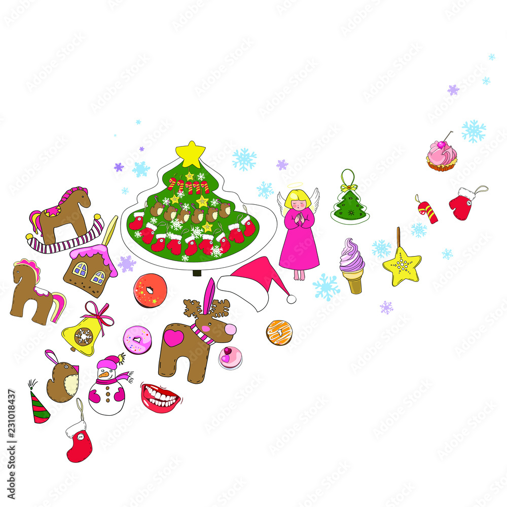 Set of New Year and Christmas drawings in vector, decoration, Christmas decorations, angels, sweets