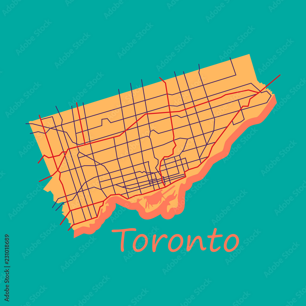 Flat color map of Toronto, Canada. City Plan of Toronto. Vector illustration Stock Vector 