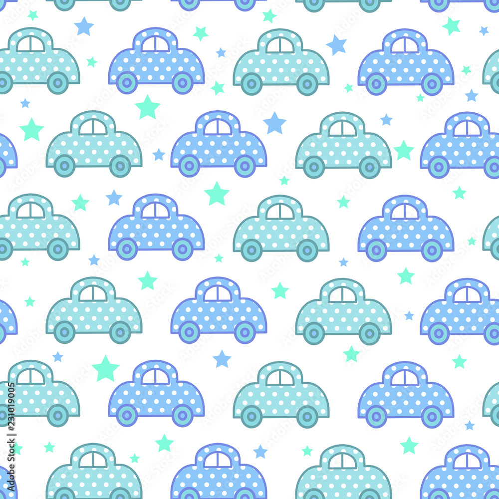 Vector seamless pattern with toy machine with polka dots coloring on backdrop with stars. Background for baby shop, store, market, kids centre, kindergarten. Print on clothes for boys and girls