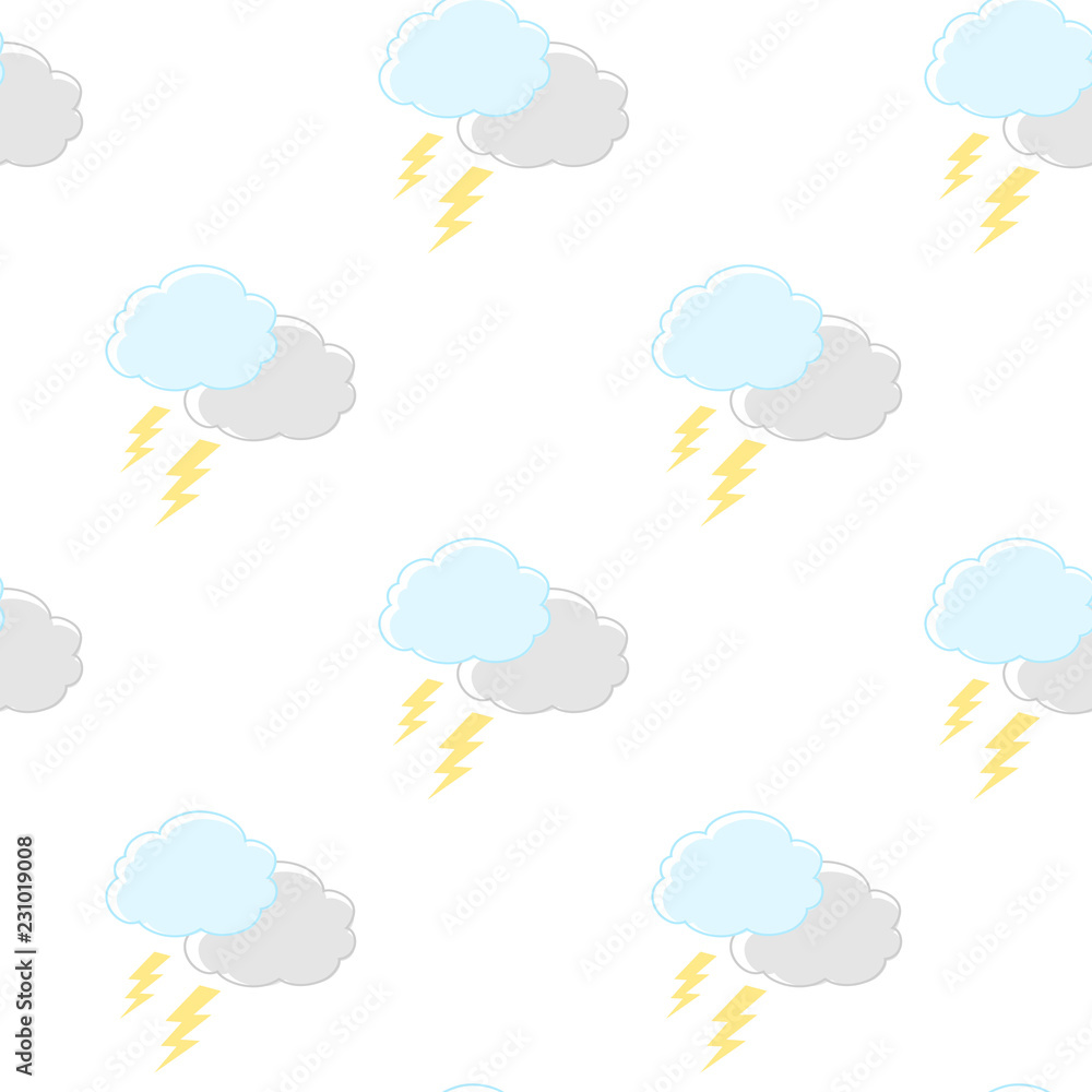 Vector seamless background with clouds and lightning on white backdrop.
