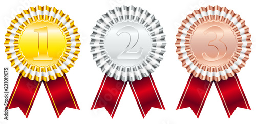 Award Badges Red Ribbon Small Stripe 1-Gold/2-Silver/3-Bronze