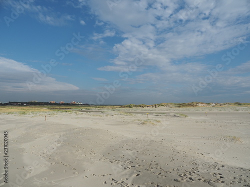 Sankt Peter-Ording - Pfahlbauten, Salzwiesen, Strandkörbe und Strand an der Nord seeküste am Nationalpark Wattenmeer