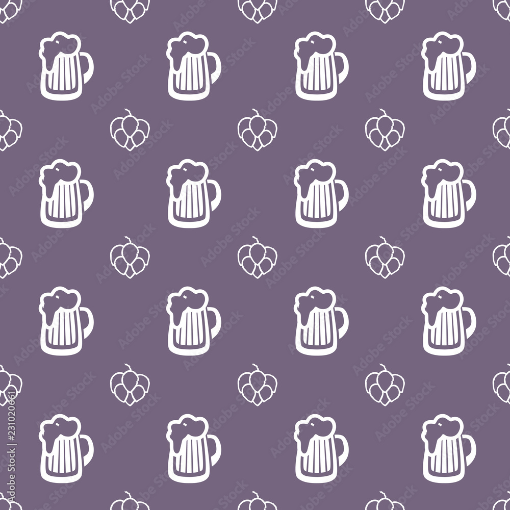 Vector seamless pattern for beer house, pub or brewing company, wrapping paper. Beer mug and hop isolated on gray background. EPS10. Creative beer backdrop. Vector seamless pattern for beer house, pub or brewing company, wrapping paper. Beer mug and hop isolated on gray background. EPS10. Creative beer backdrop.