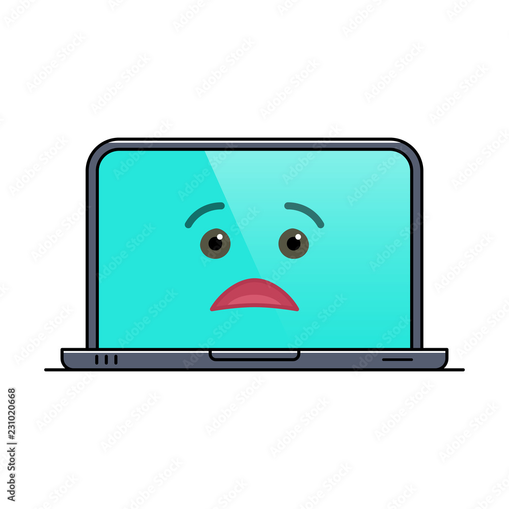Disappointed laptop computer isolated emoticon icon. Sad digital device ...