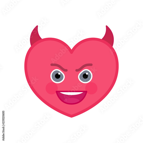 Devil heart shaped funny emoticon icon. Evil pink emoji with horns. Social communication and online chatting vector element. Demonic face showing facial emotion. Valentine's day mascot in flat style