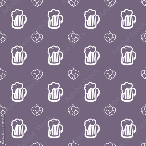 Vector seamless pattern for beer house  pub or brewing company  wrapping paper. Beer mug and hop isolated on gray background. EPS10. Creative beer backdrop.