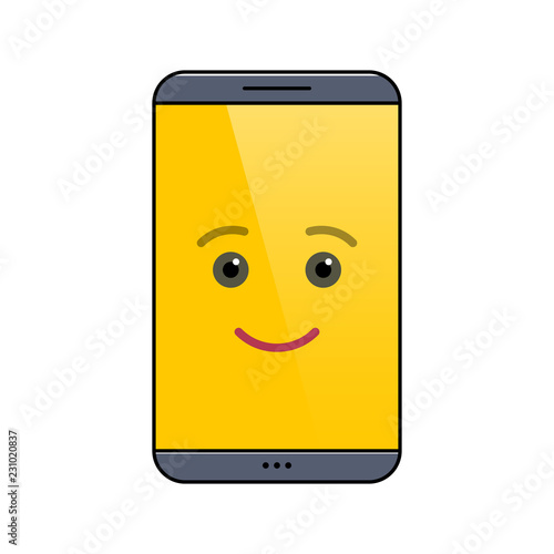 Funny mobile phone isolated emoticon icon. Cheerful digital device emoji symbol. Social communication and chatting. Joyful smartphone showing facial emotion. Animated cell phone vector illustration