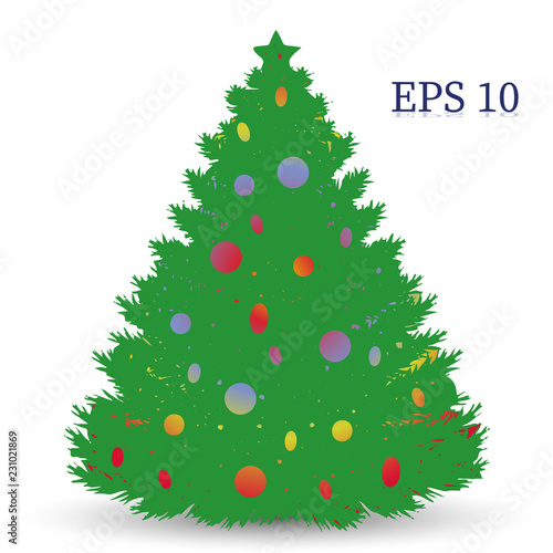 Christmas tree with toys decoration  green silhouette on white background 