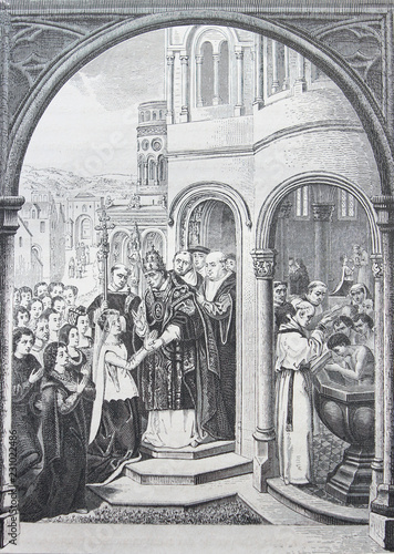 Arriving of Saint Ursule to Rome by Jean Mamlinc engraved in a vintage book History of Painters, author Jules Benouard, 1864, Paris