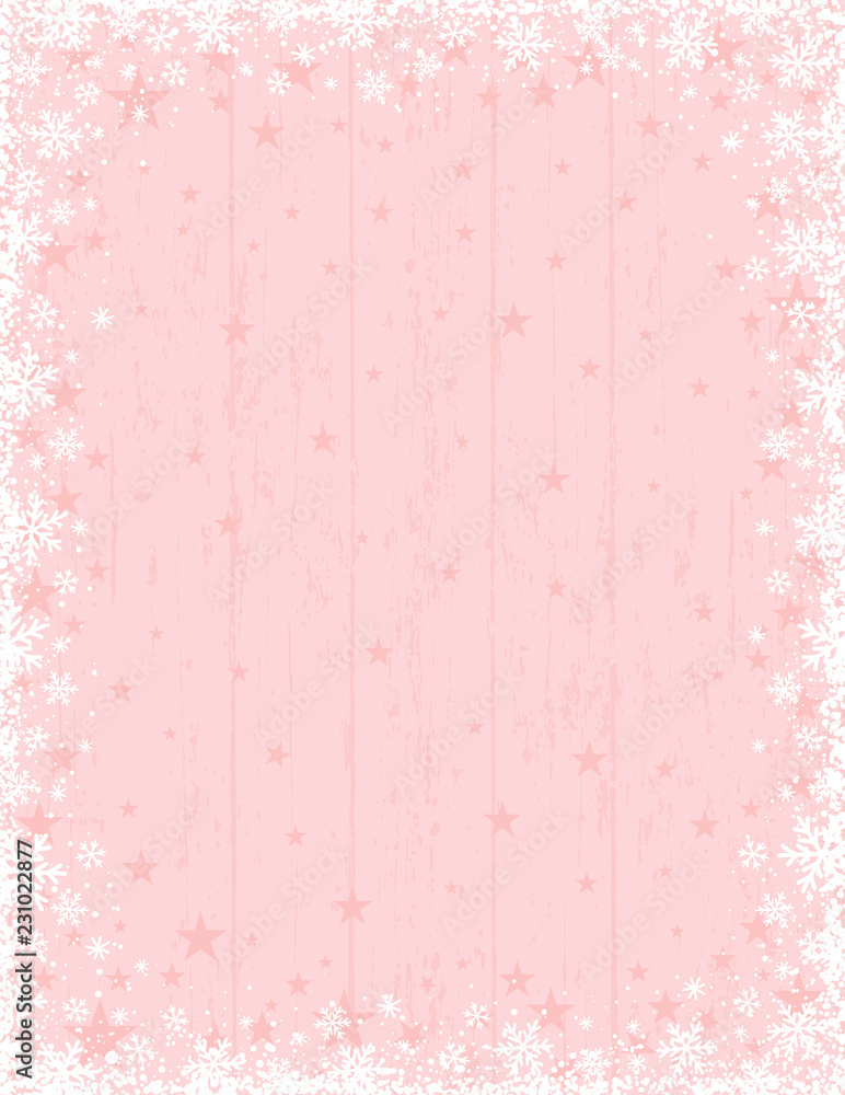 Wooden pink christmas background with frame of white snowflakes, vector illustration