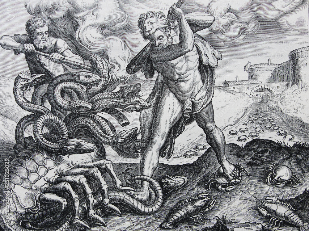 Ταπετσαρία Hercules Killing the Lernean Hydra by Frans Floris engraved in a vintage book Hi