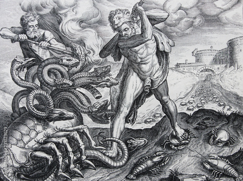 Hercules Killing the Lernean Hydra by Frans Floris engraved in a vintage book History of Painters, author Jules Benouard, 1864, Paris photo