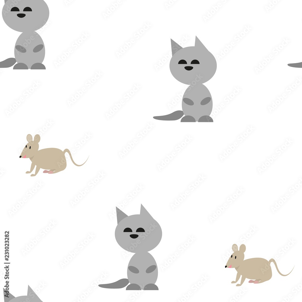 Seamless pattern funny cartoon kitten and mouse