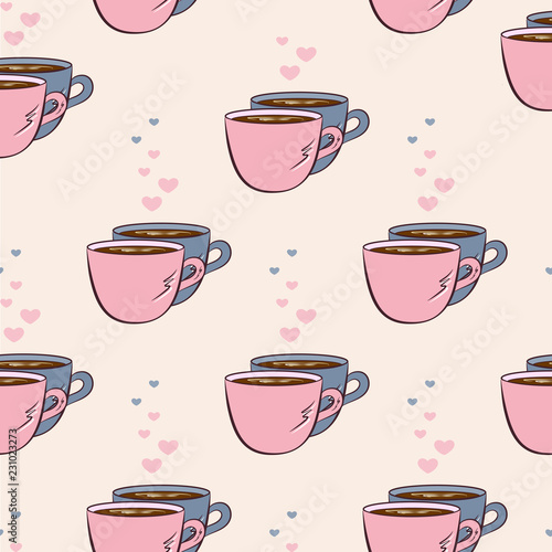 Vector seamless pattern with two cups of coffee and hearts. Creative background for cafe or restaurant menu, wrapping paper, design banner, invitation. EPS10. Can be used as print on clothes.