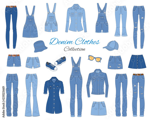 Denim clothes collection. Vector sketch illustration.