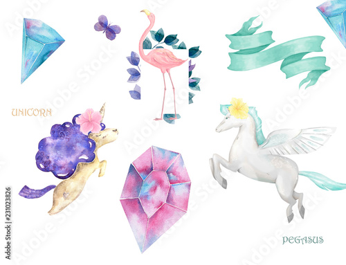 Unicorn and Pegasus and Flamingo cute clip art with ribbon and crystal on white background