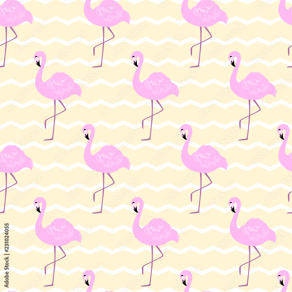 Vector seamless pattern with pink flamingo on zigzag backdrop. For wrapping paper, design poster, banner, print on clothes for boys or girls. Cute tropical background.