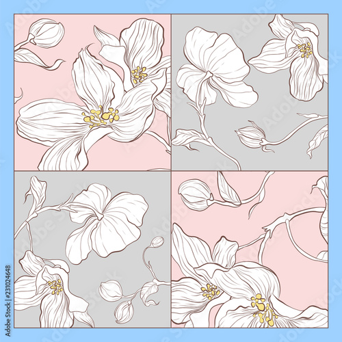 Silk scarf with apple blossom. Abstract seamless vector pattern with hand drawn floral elements.