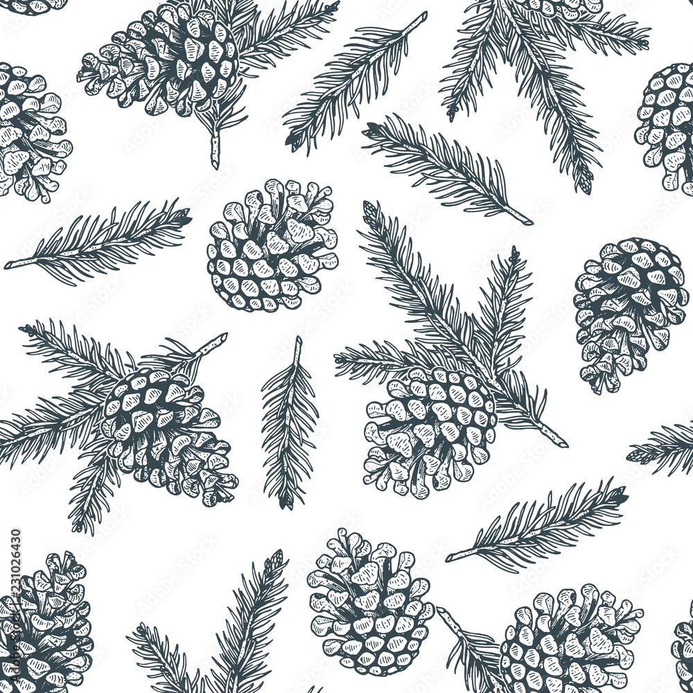 Pine cones and pine branches seamless pattern. Christmas hand drawn background. - obrazy, fototapety, plakaty 