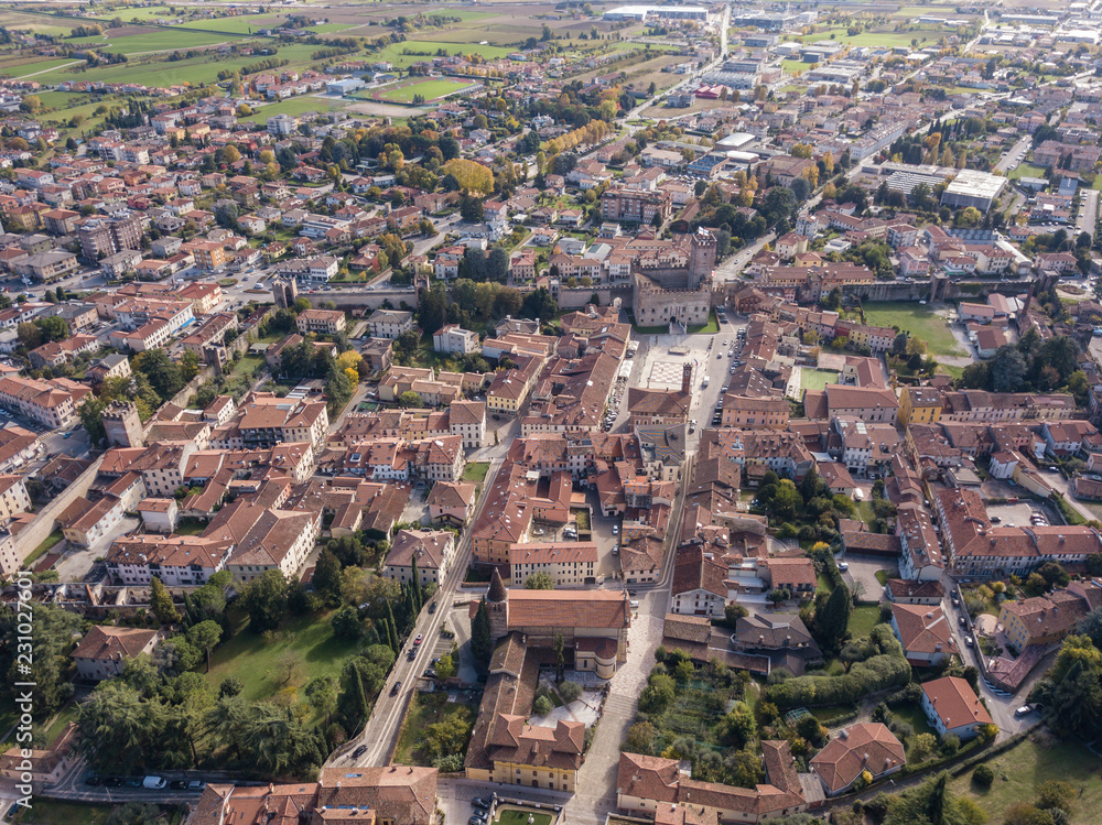 Obraz premium Marostica, Vicenza, Italy. Drone aerial landscape of the lower town from the upper castle
