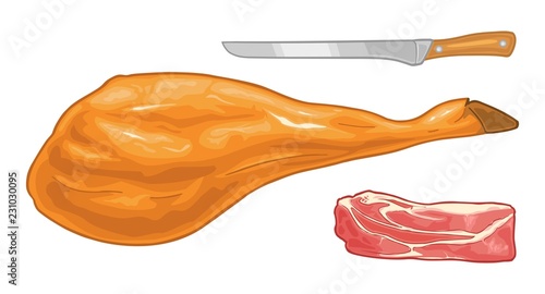 Pig head, jamon leg on horizontal wood stand. Vector engraving