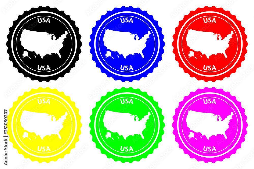 Obraz premium USA - rubber stamp - vector, United States of America continent map pattern - sticker - black, blue, green, yellow, purple and red