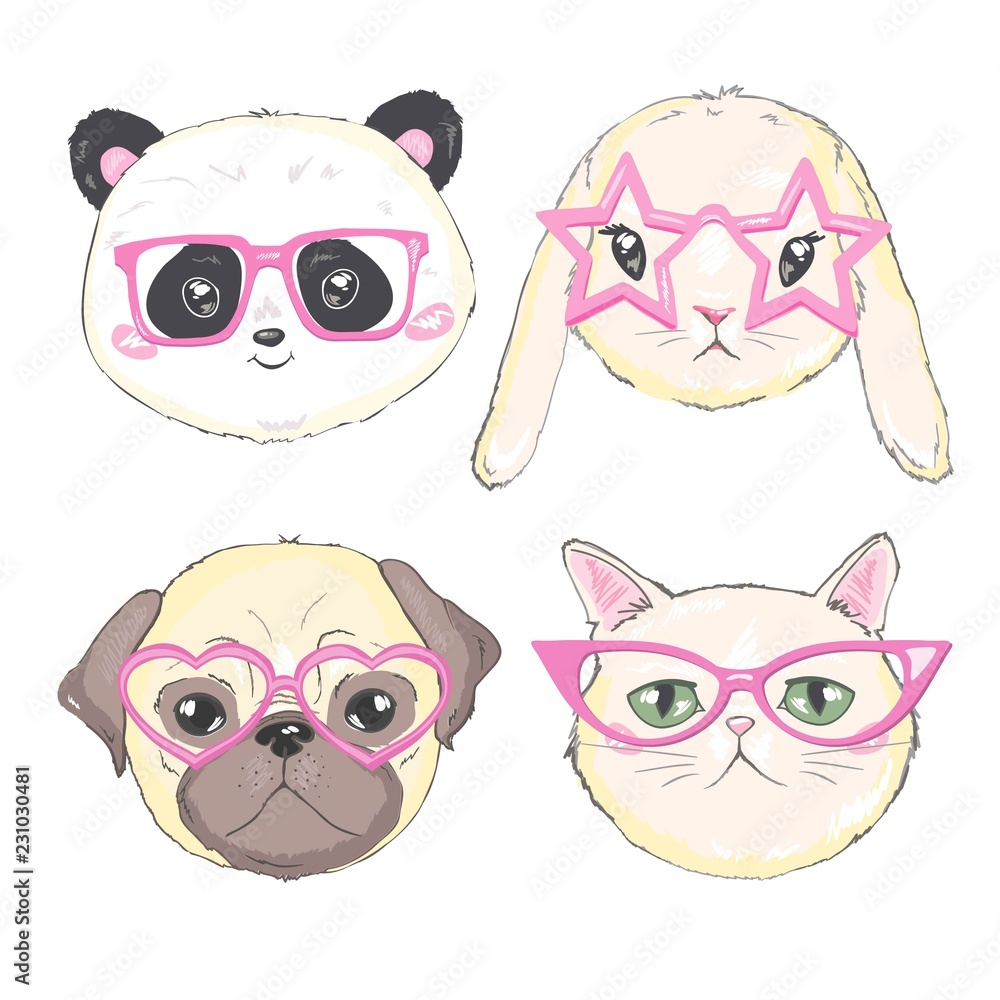 Fototapeta premium Pets face, dog, cat, and rabbit