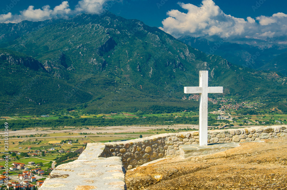 Big white cross of Holy Trinity Meteora Monastery, Kalabaka, Greece Big white cross of Holy Trinity Meteora Monastery, Kalabaka, Greece