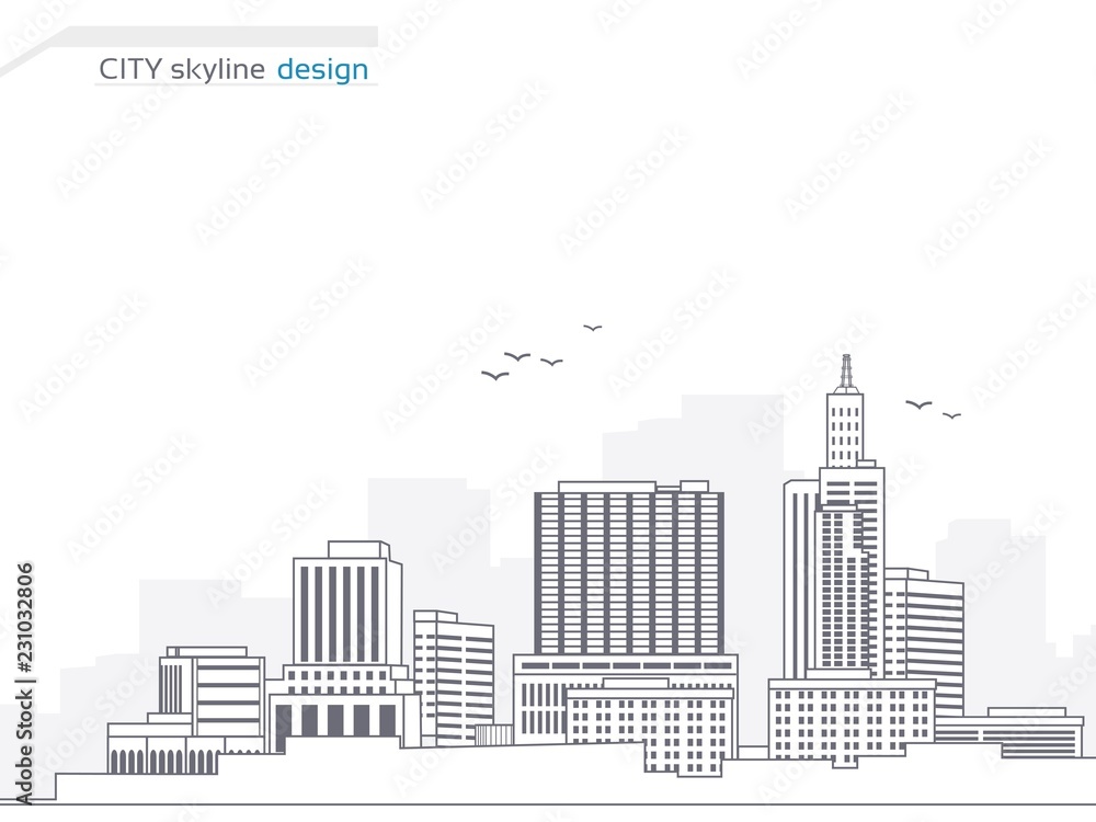 Vector city landscape background. City panorama. Town landscape with high skyscrapers. Architecture of buildings. City skyline design. Illustration for use brochure, flyer, poster and cover.
