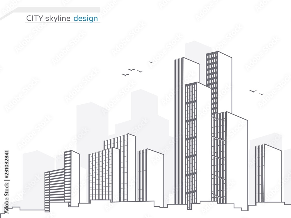 Fototapeta premium Vector city landscape background. City panorama. Town landscape with high skyscrapers. Architecture of buildings. City skyline design. Illustration for use brochure, flyer, poster and cover.