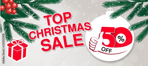 Vector christmas sale banner. Illustration for use website, brochure, flyer, poster and banner. Business background with 50  discount, best choice sybmol (hand), gift and tree branches. Red white