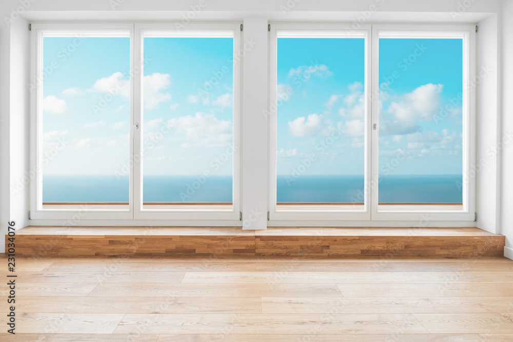 ocean view window in modern apartment room - penthouse with ocean view terrace - obrazy, fototapety, plakaty 