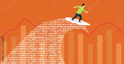 Data scientist surf a computer code wave, graphs on the background, EPS 8 vector illustration