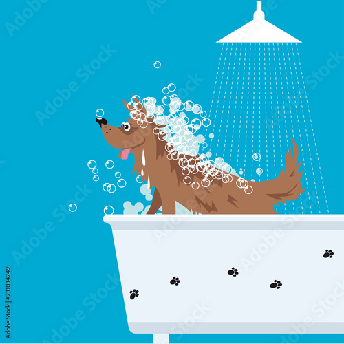 Cute dog sitting in a bath tub at groomer, covered in foam, EPS 8 vector illustration